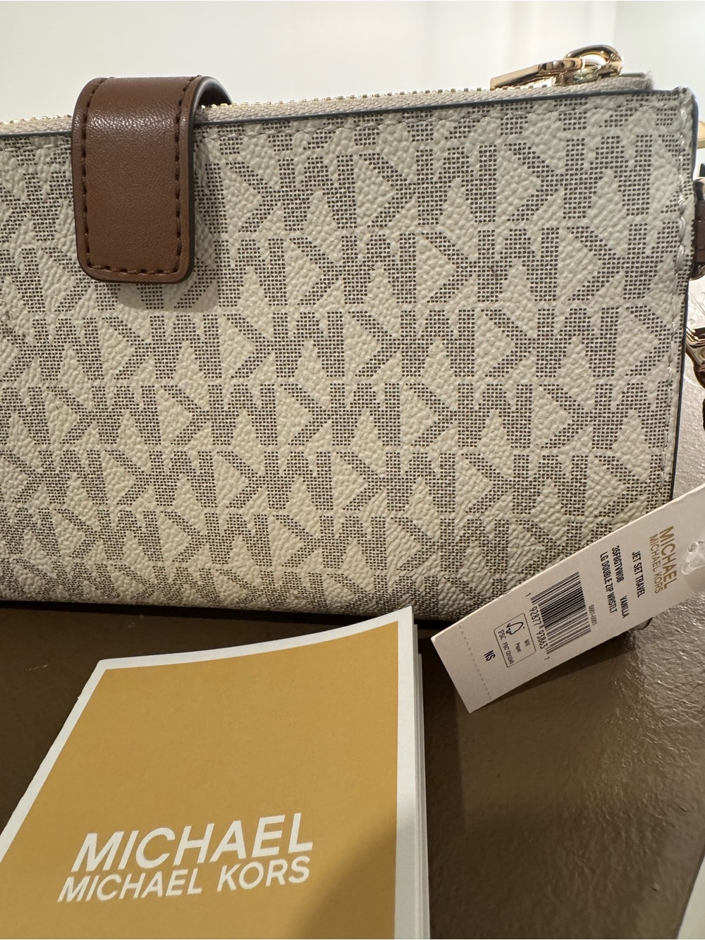 NWT Michael Kors Beige Logo Wristlet with Gold Accents - Picture 9 of 9